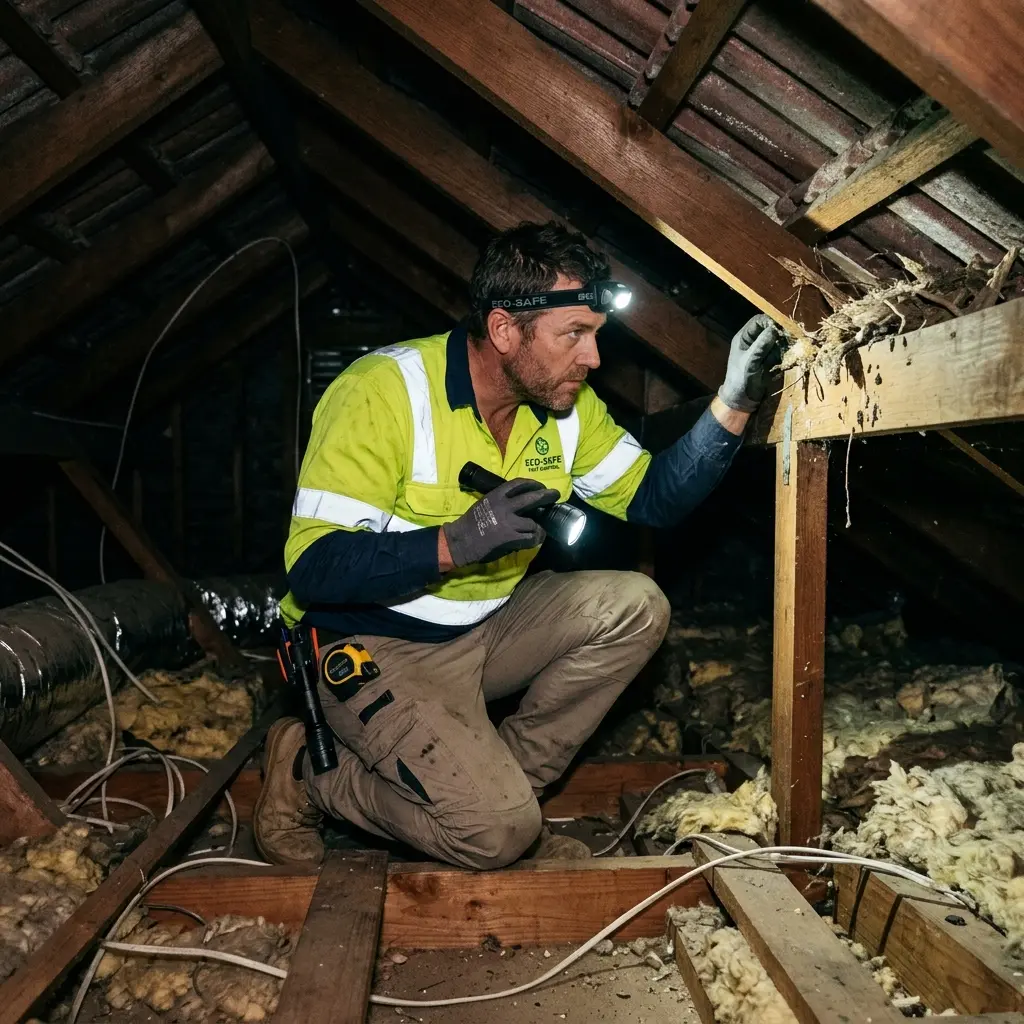 Technician inspecting a Bangholme roof cavity for a dead possum